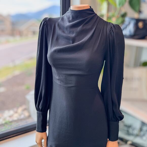 Express, Long Sleeve Draped Mock Neck Ruffle Black Mini Dress Women’s X-Small - Picture 2 of 12